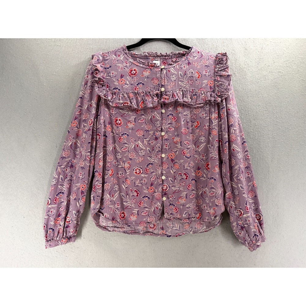 Gap Top Women M Purple Ruffle Button Shirt Prairie Cottagcore Coquette Victorian